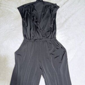 Cap-Sleeve Black V-Neck Jumpsuit with Elastic Waist